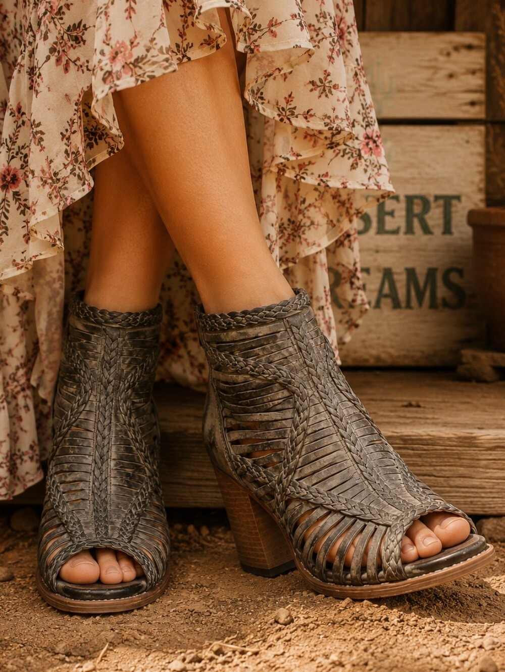 Freebird Bela Braided Cutout Leather Open Toe Heel Booties Gray Taupe Size 8